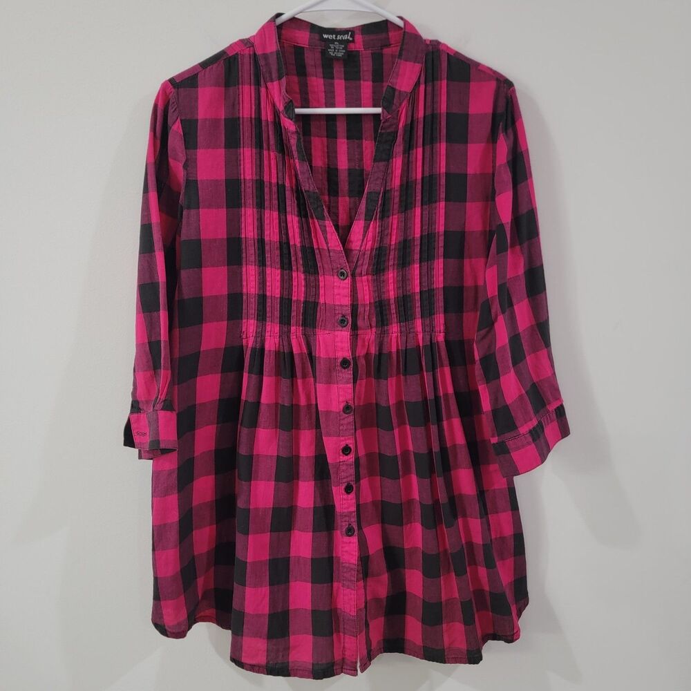 Y2K Vintage Wet Seal Womens Button Up‎ Top Size XL Hot Pink Plaid Babydoll
